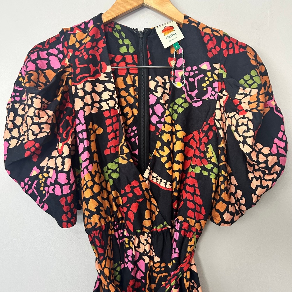 Farm Rio Jumpsuit Women Small Leopard Puff Sleeve Lyocell Belted Boho Bold